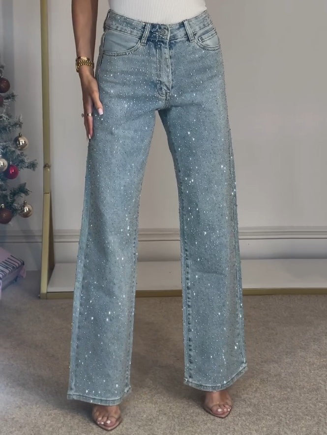 Jeans de Cintura Alta com Detalhes em Diamante