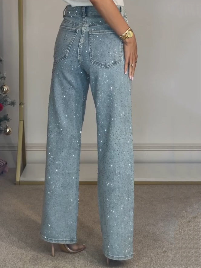 Jeans de Cintura Alta com Detalhes em Diamante