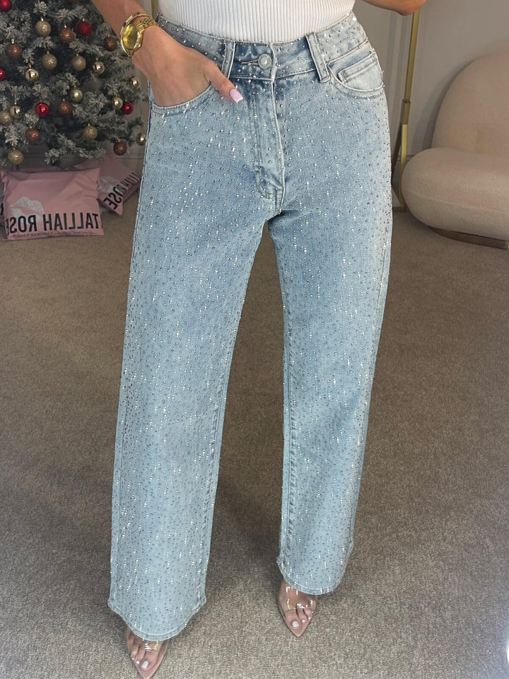 Jeans de Cintura Alta com Detalhes em Diamante