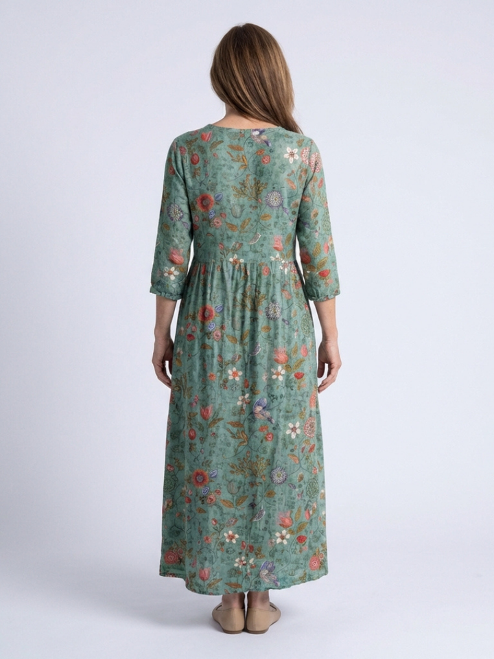 Valérie | Vestido maxi floral com decote em V e mangas três quartos
