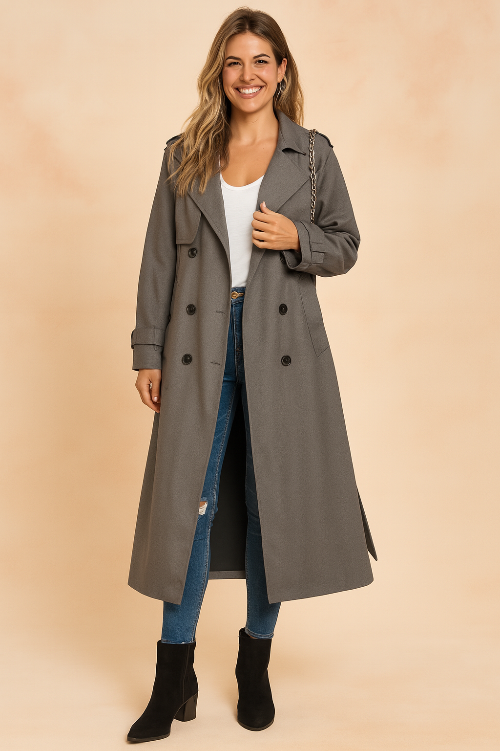 Trench Coat Longo de Dupla Face com Cinto Feminino