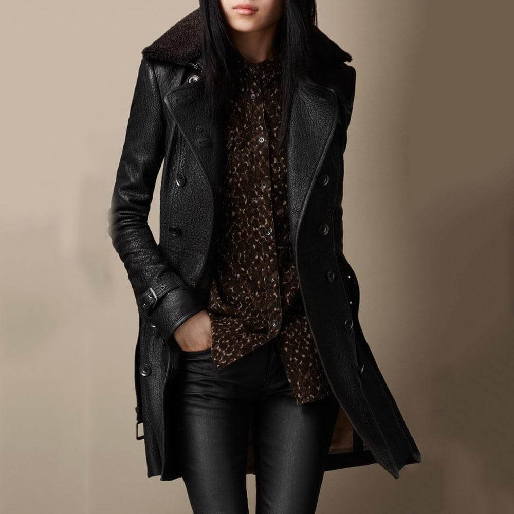 Trench Coat de Pele Sintética Luxuosa Feminina