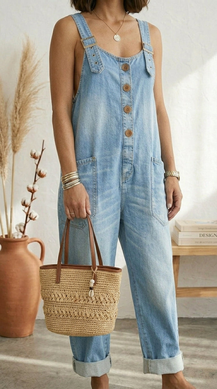 Pilar | Macacão Vintage Azul com Alças Ajustáveis