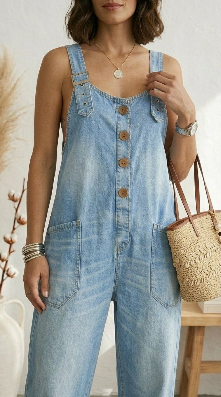 Pilar | Macacão Vintage Azul com Alças Ajustáveis