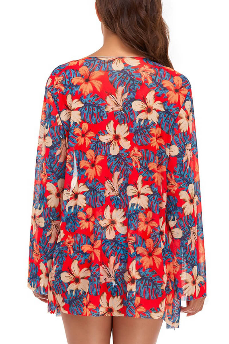 Conjunto de Blusa Floral Laranja com Biquíni para Praia