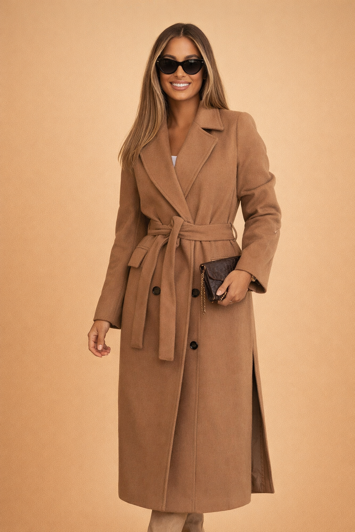 Trench Feminino Longo de Lã com Cinto — Elegância Urbana com Mangas Longas