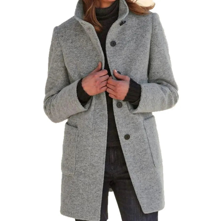 Casaco Retro de Lã Feminino – Gola Alta Elegante para um Estilo Casual Chic
