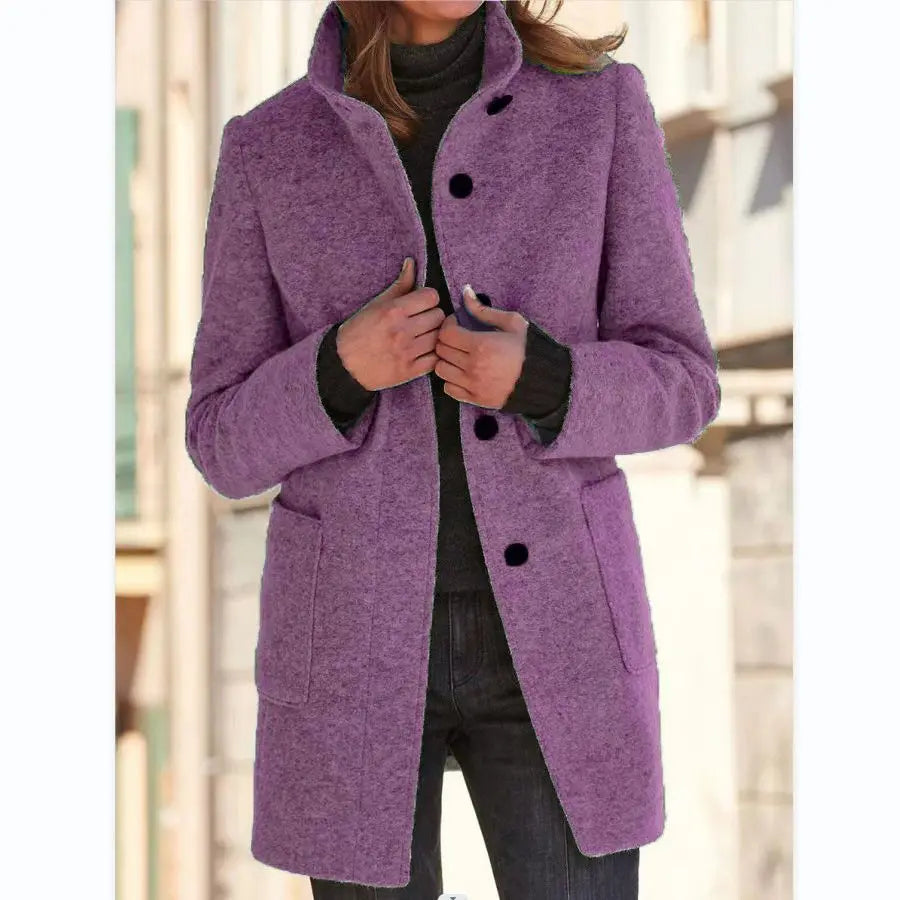 Casaco Retro de Lã Feminino – Gola Alta Elegante para um Estilo Casual Chic