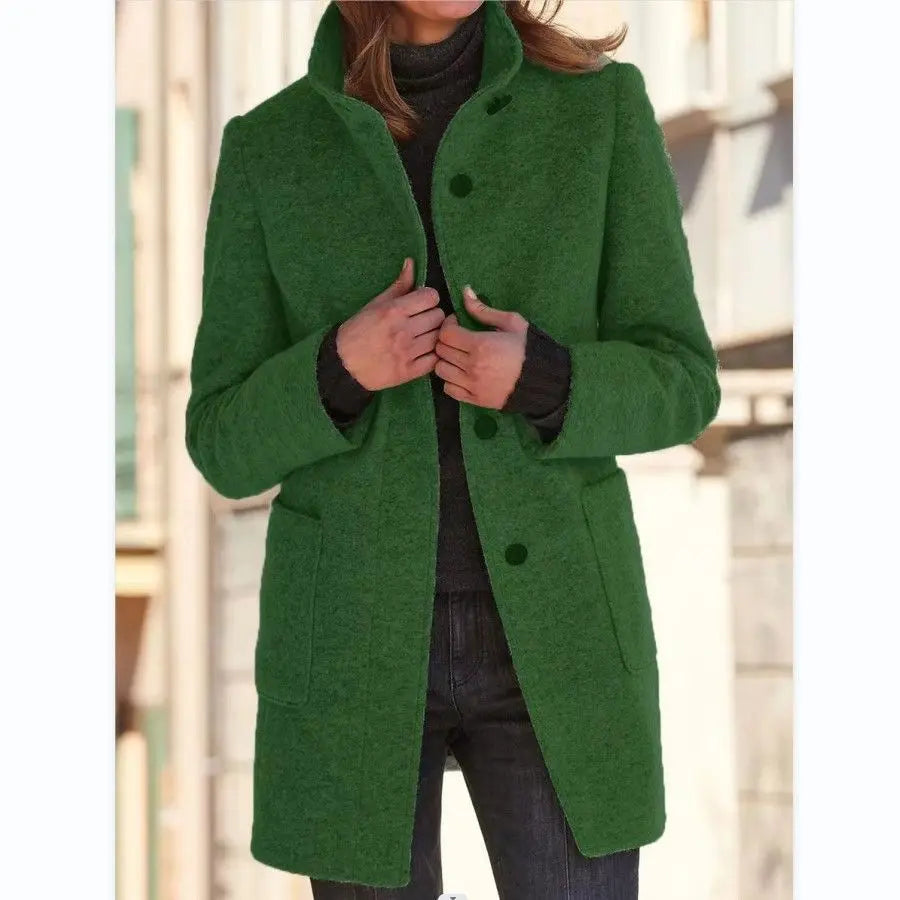 Casaco Retro de Lã Feminino – Gola Alta Elegante para um Estilo Casual Chic