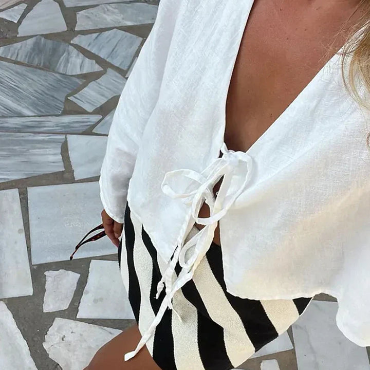 Blusa de Linho com Laço Frontal - Estilo Sicília