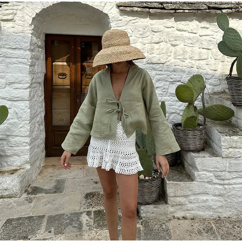 Blusa de Linho com Laço Frontal - Estilo Sicília