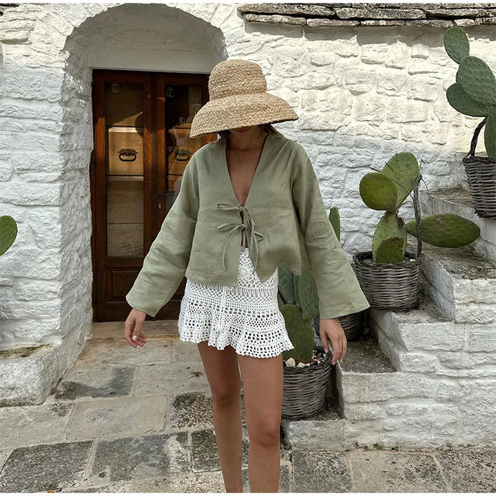 Blusa de Linho com Laço Frontal - Estilo Sicília