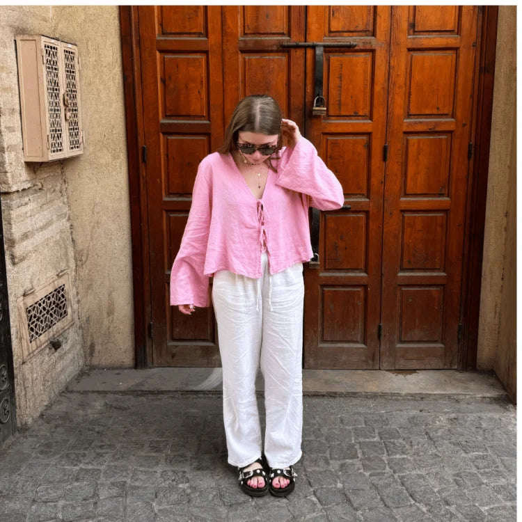 Blusa de Linho com Laço Frontal - Estilo Sicília
