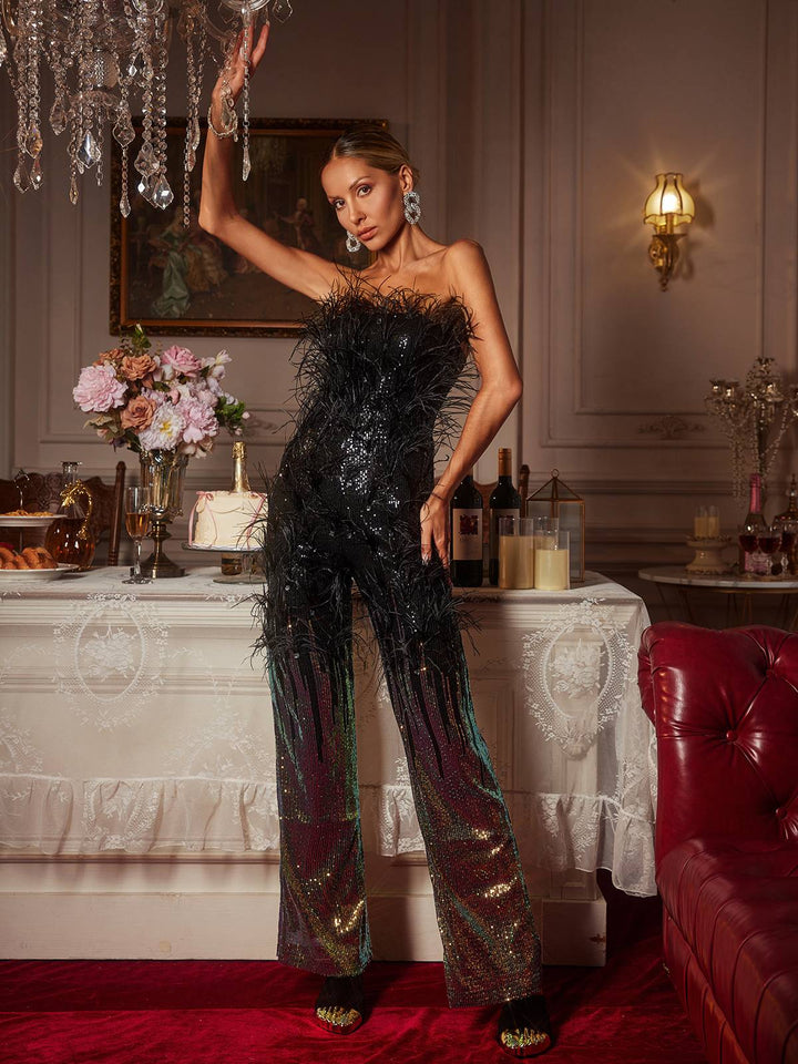 Ombre Shiva Jumpsuit com Penas e Lantejoulas