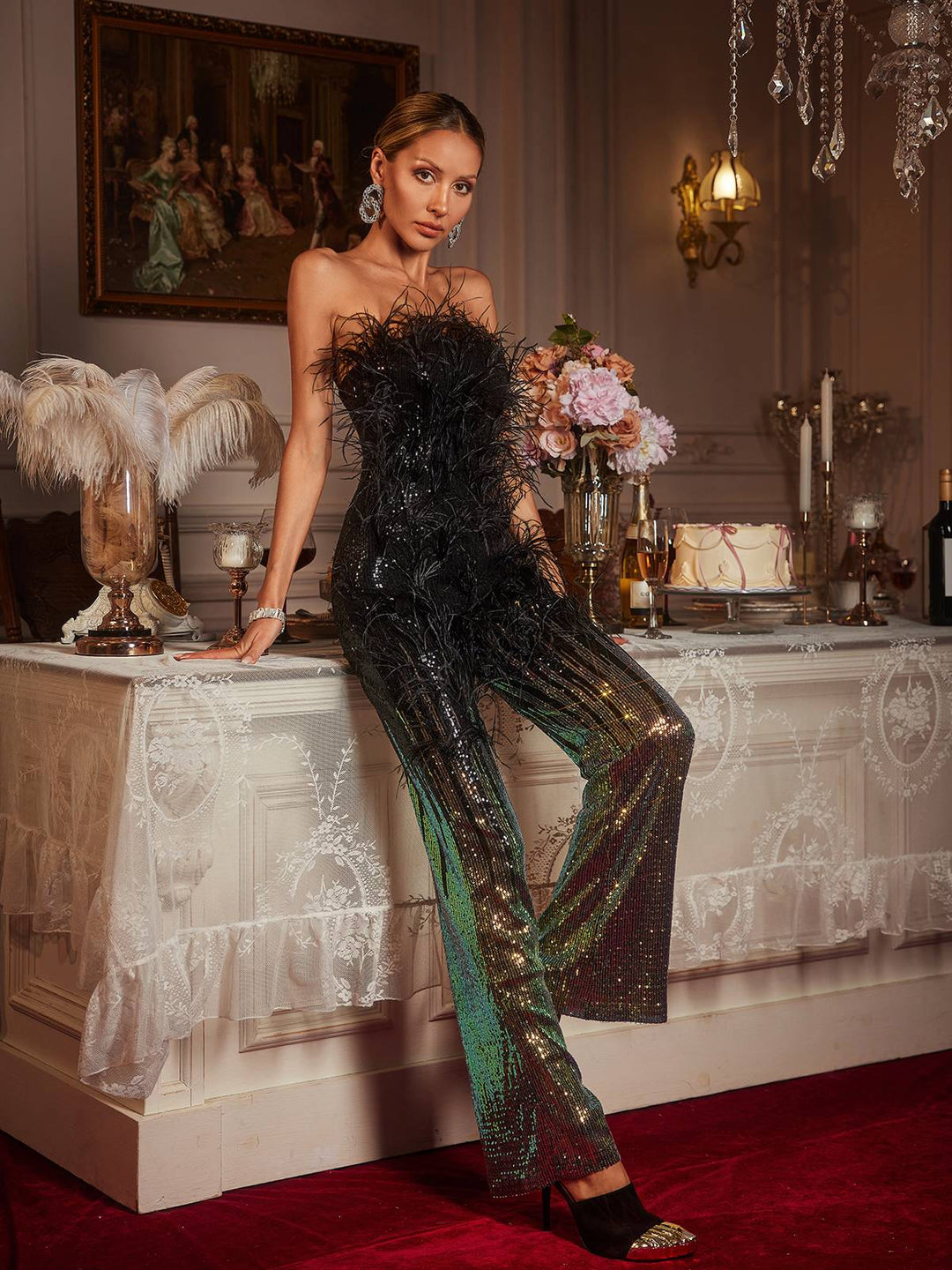 Ombre Shiva Jumpsuit com Penas e Lantejoulas