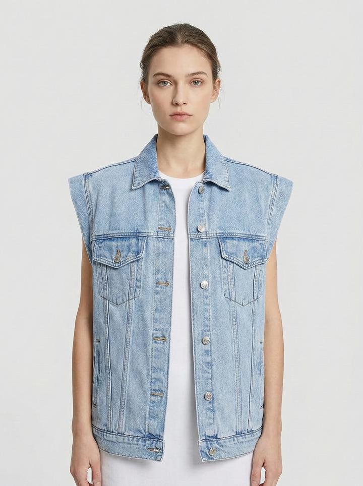 Colete de Denim Casual Oversized Feminino com Fecho Frontal e Bolsos Clássicos no Peito