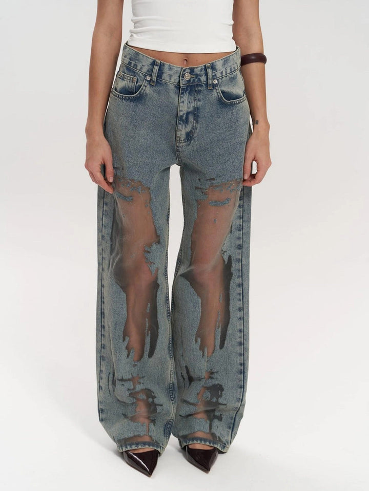 Calças Jeans de Cintura Alta com Detalhes em Malha Larga