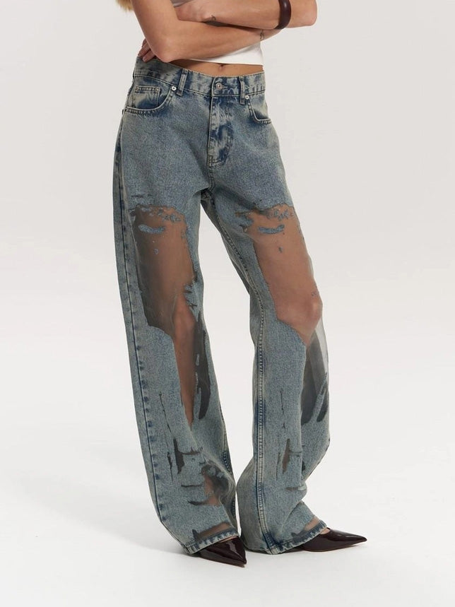 Calças Jeans de Cintura Alta com Detalhes em Malha Larga