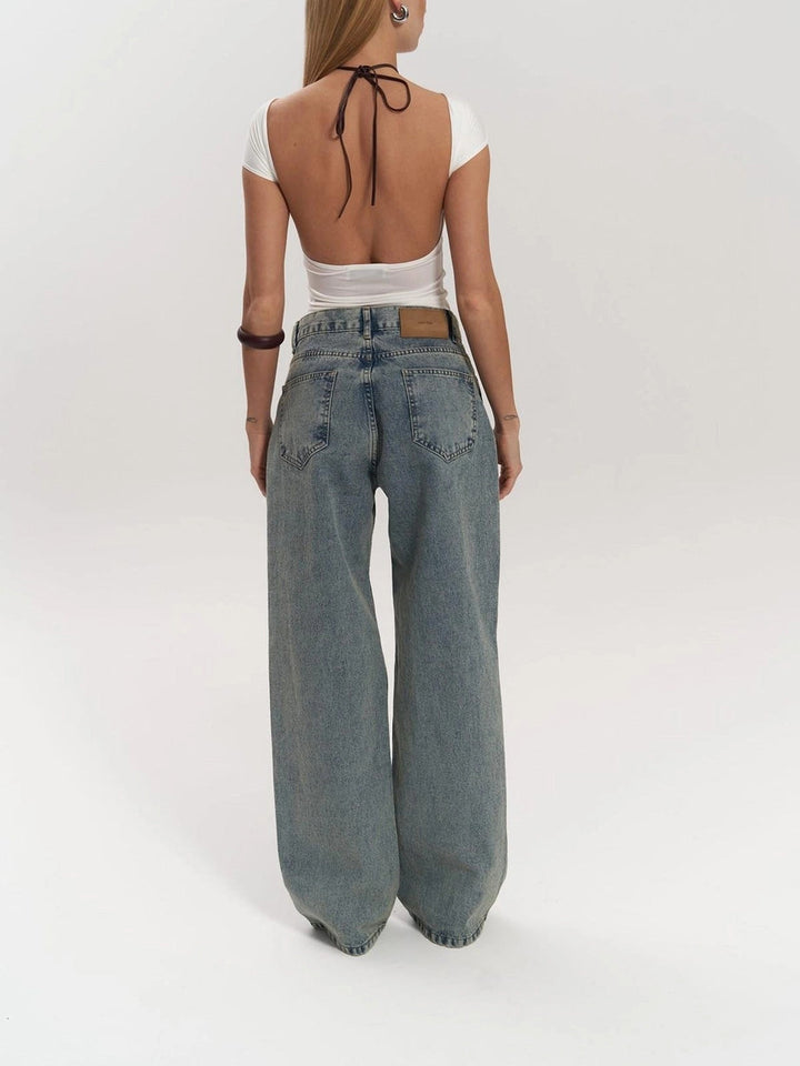 Calças Jeans de Cintura Alta com Detalhes em Malha Larga