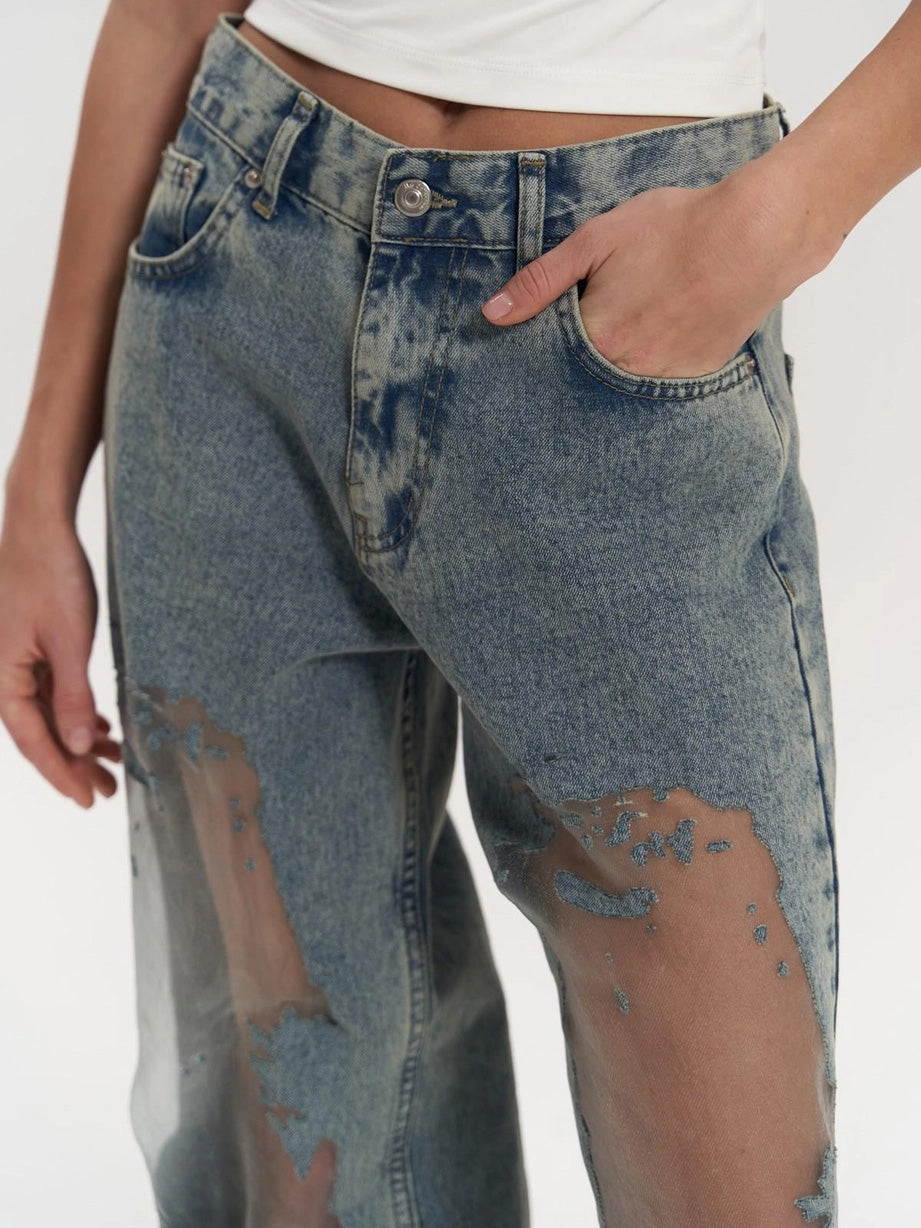 Calças Jeans de Cintura Alta com Detalhes em Malha Larga