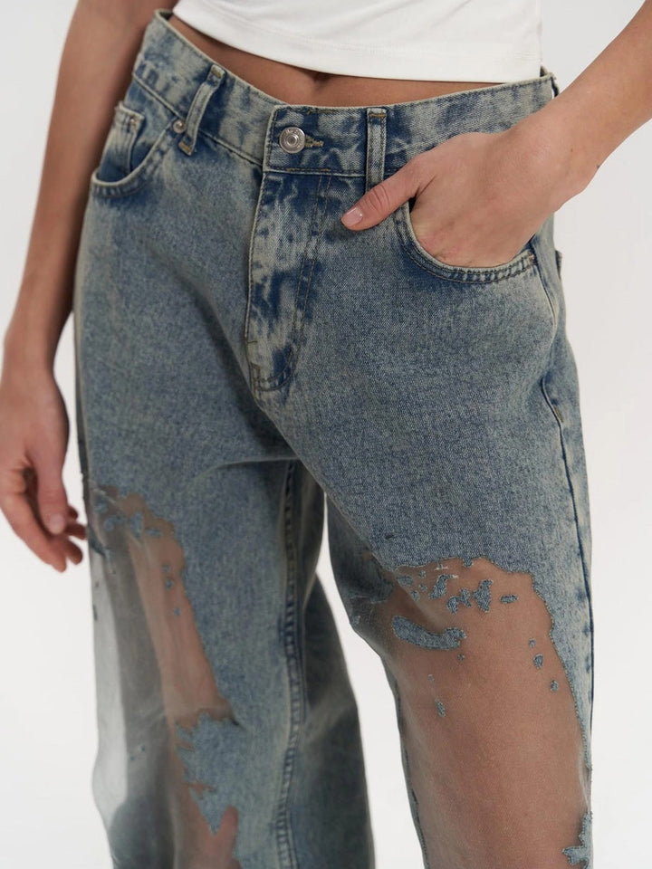 Calças Jeans de Cintura Alta com Detalhes em Malha Larga
