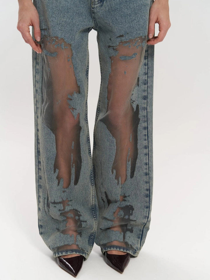 Calças Jeans de Cintura Alta com Detalhes em Malha Larga