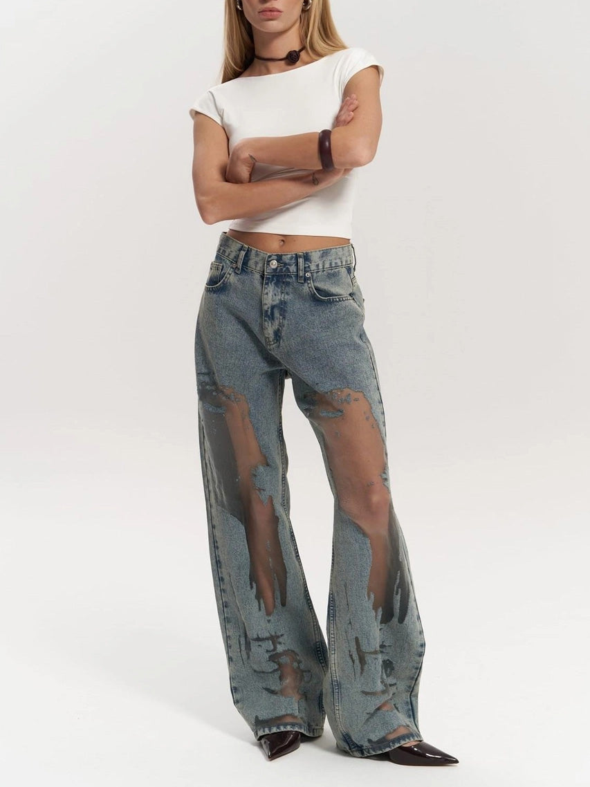 Calças Jeans de Cintura Alta com Detalhes em Malha Larga