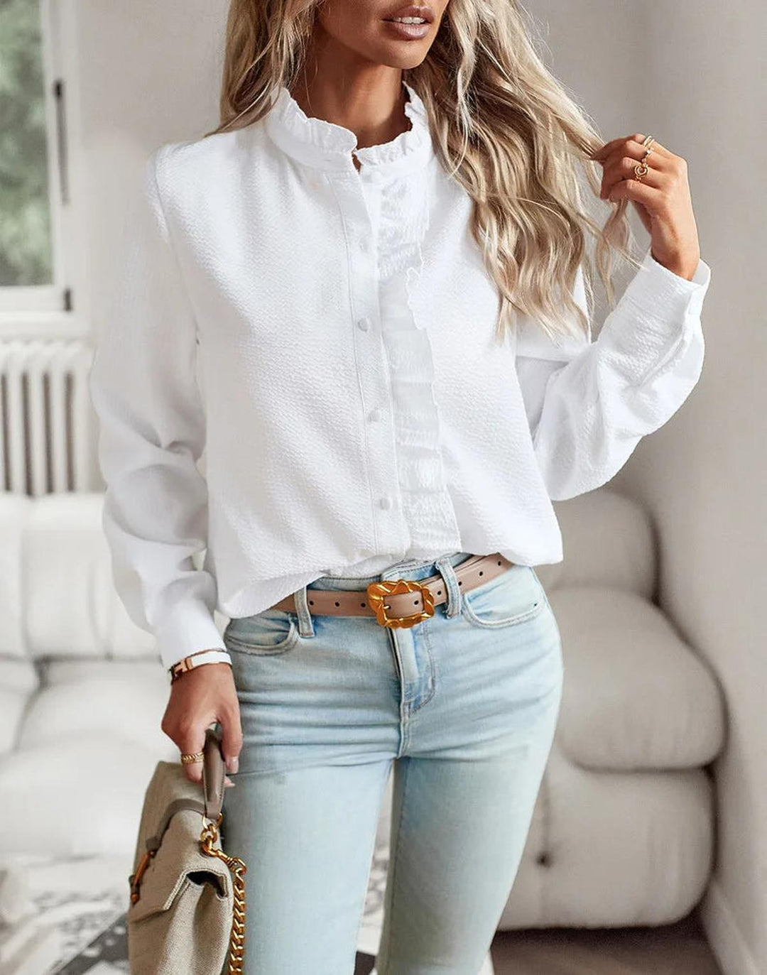 Elegante Blusa de Manga Longa de Algodão Feminina