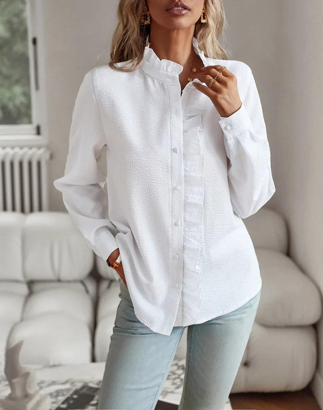Elegante Blusa de Manga Longa de Algodão Feminina