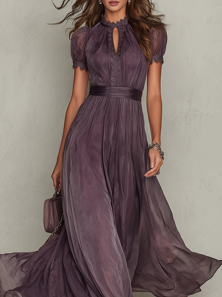 Flavia | Vestido Longo Violeta Elegante com Decote Gota e Renda