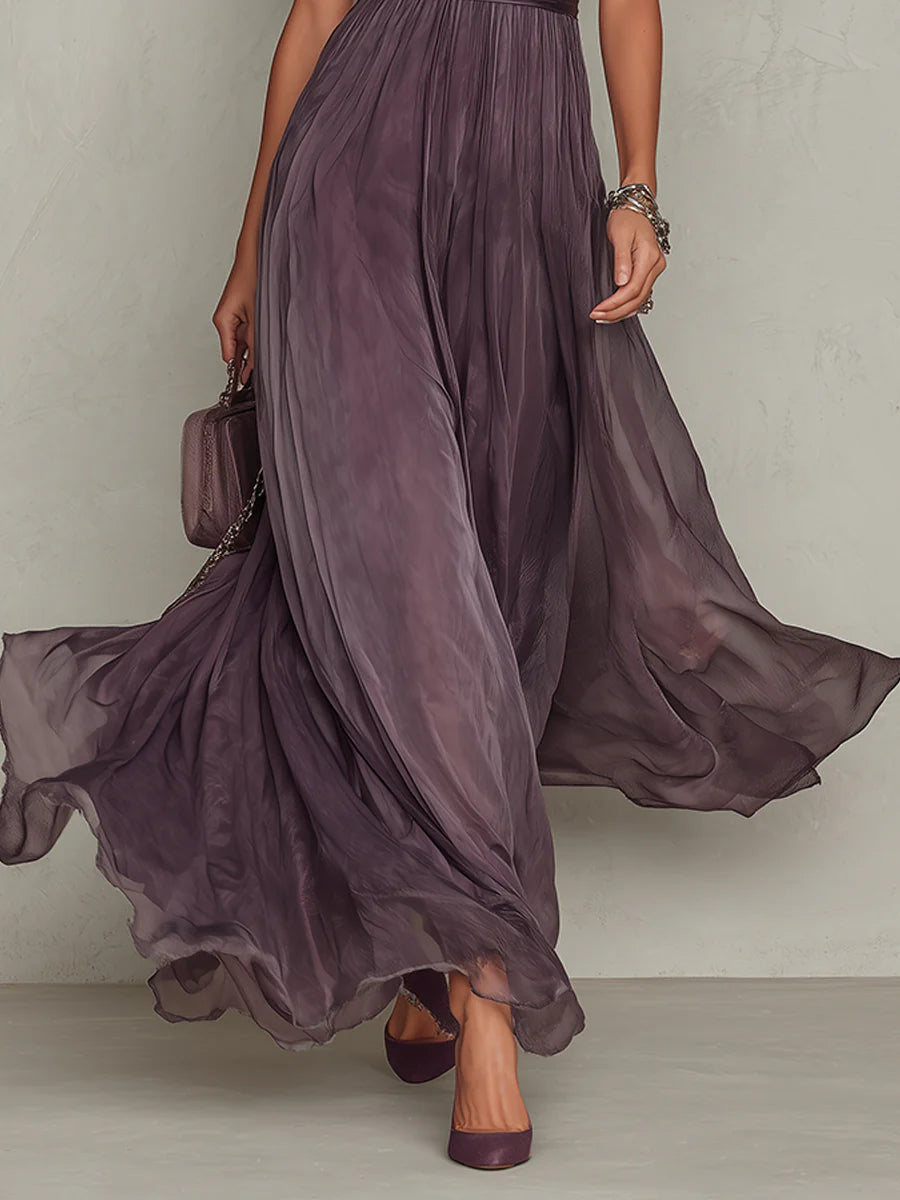 Flavia | Vestido Longo Violeta Elegante com Decote Gota e Renda