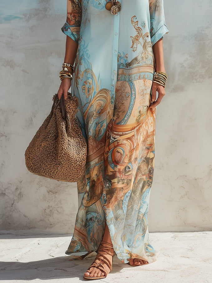 Luisa | Vestido Maxi Chemisier Estilo Mediterrâneo