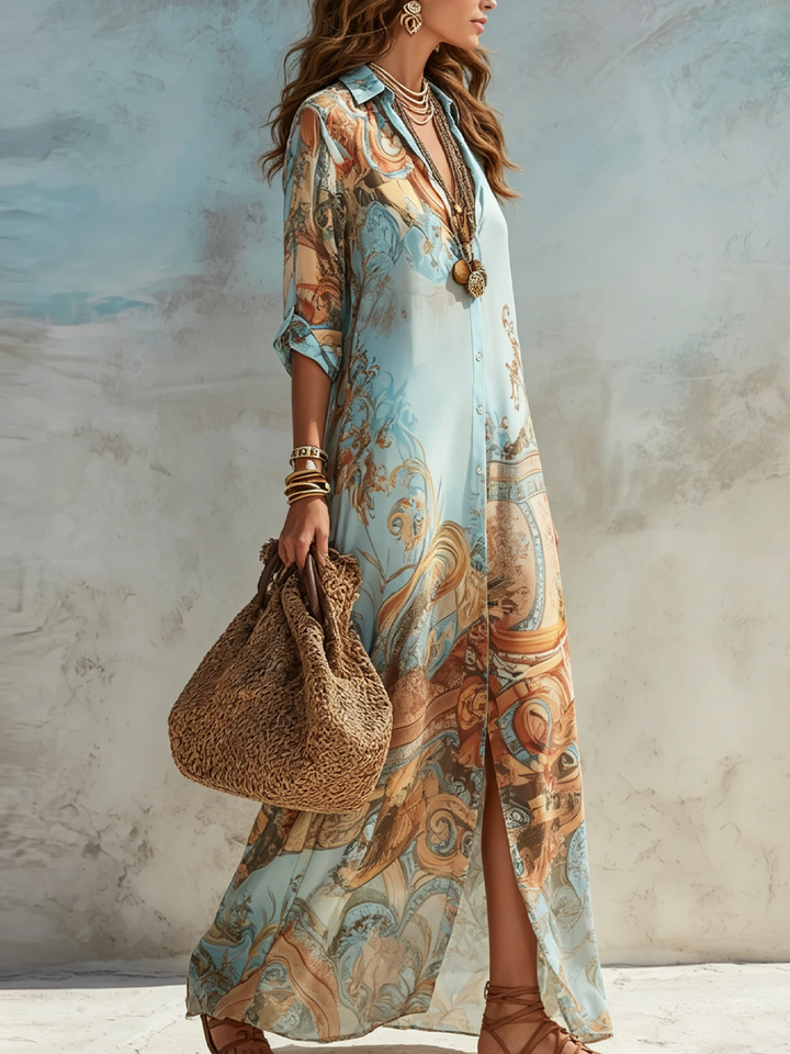 Luisa | Vestido Maxi Chemisier Estilo Mediterrâneo