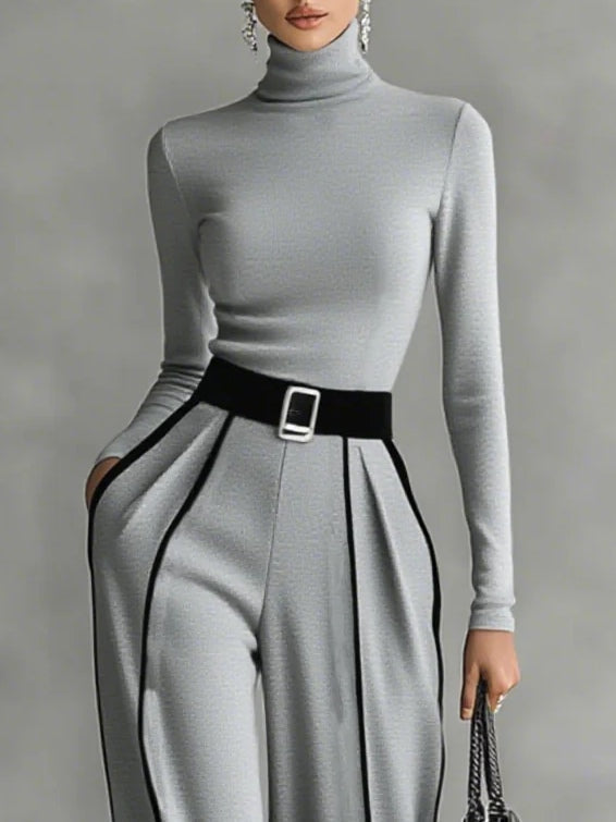 Céline | Conjunto Elegante com Gola Alta e Calças Amplas