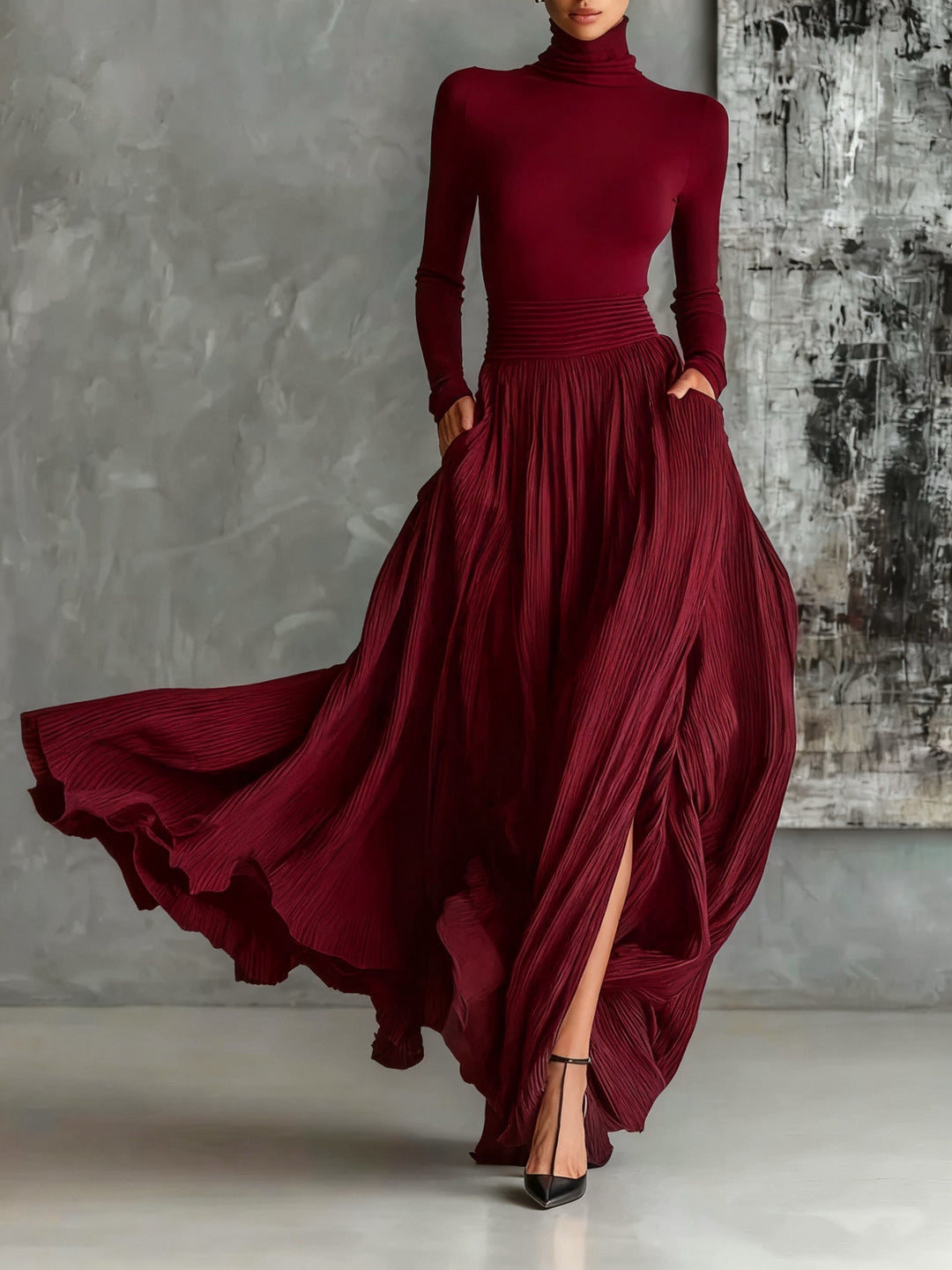 Marion | Conjunto Preto com Gola Alta e Saia Plissada Elegante