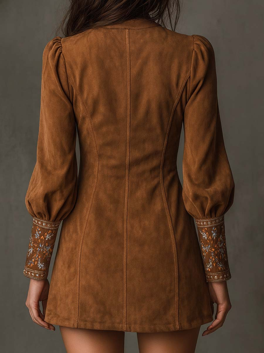 Emilienne | Mini Robe Vintage en Suédine Brodée