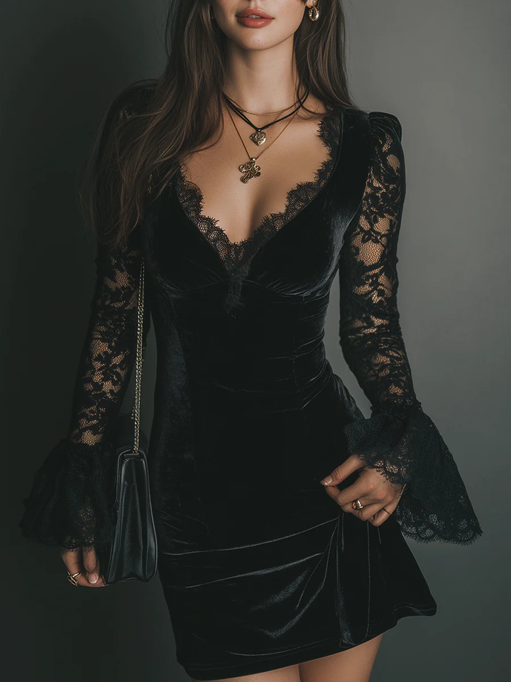Mélanie | Mini Vestido em Veludo e Renda Luna