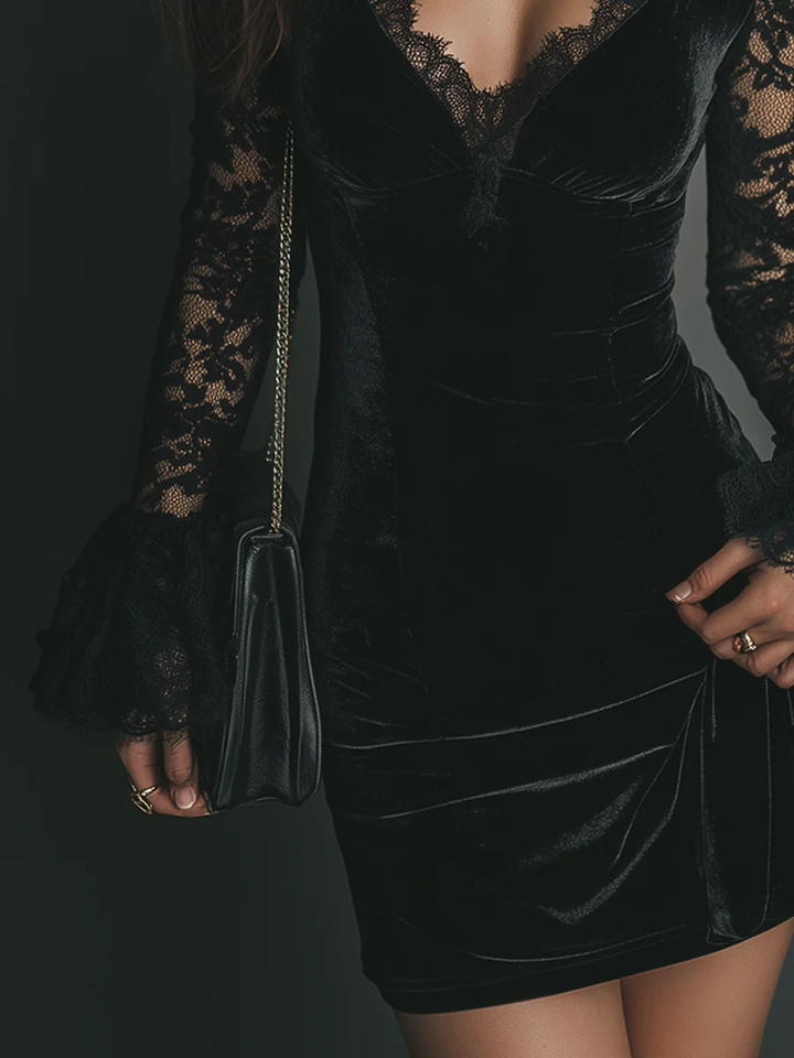 Mélanie | Mini Vestido em Veludo e Renda Luna