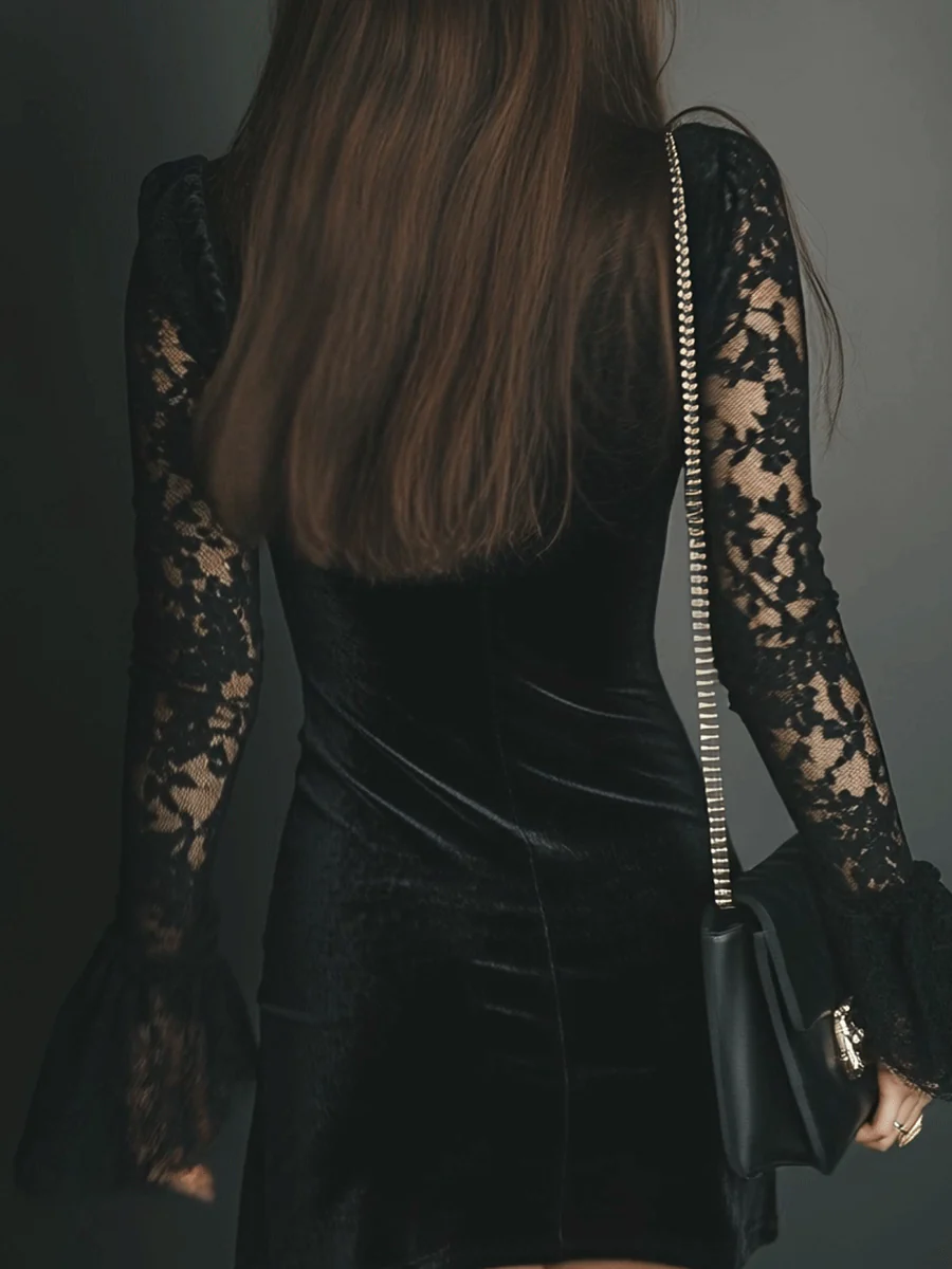 Mélanie | Mini Vestido em Veludo e Renda Luna