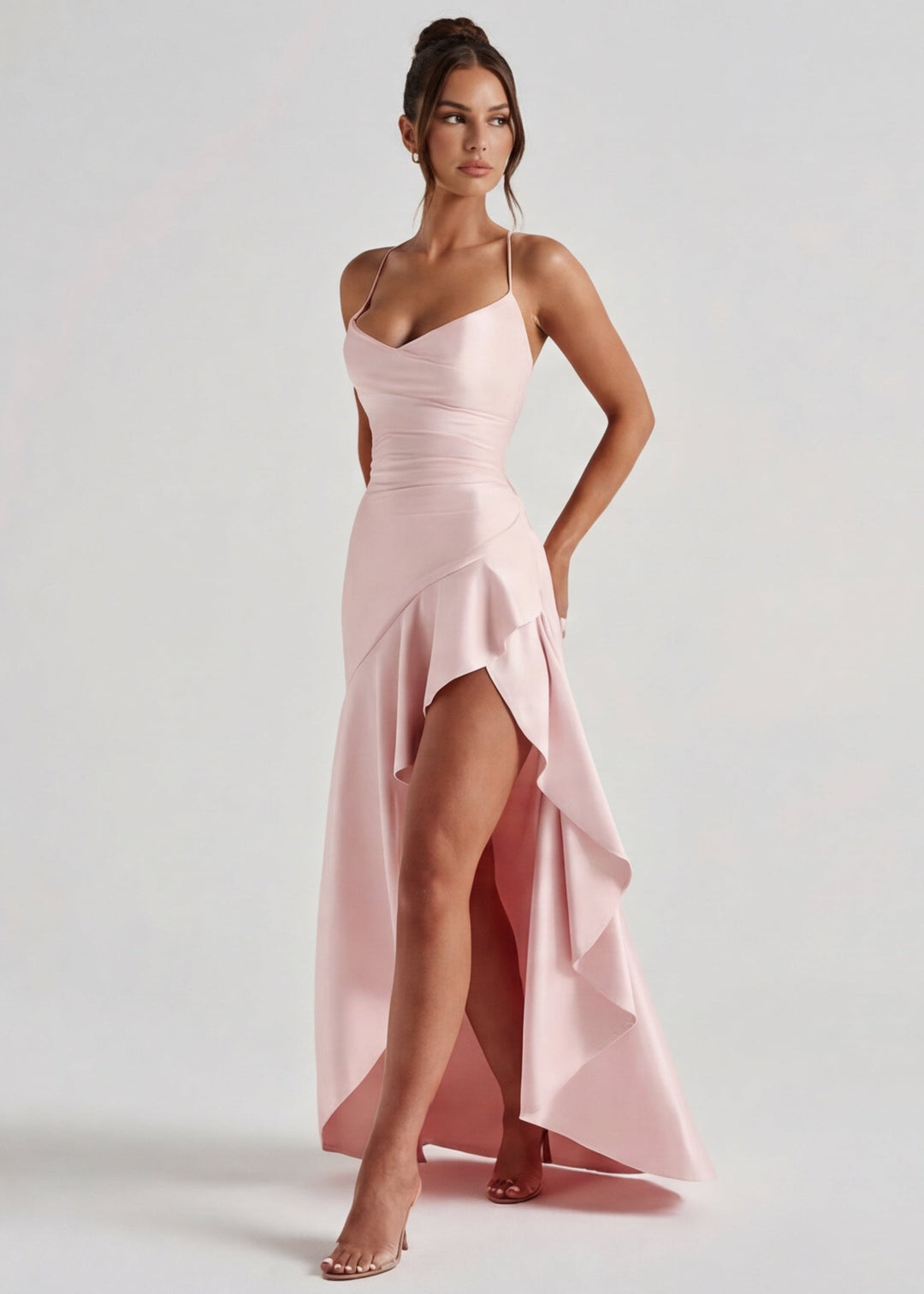 Vestido longo drapeado com fenda lateral