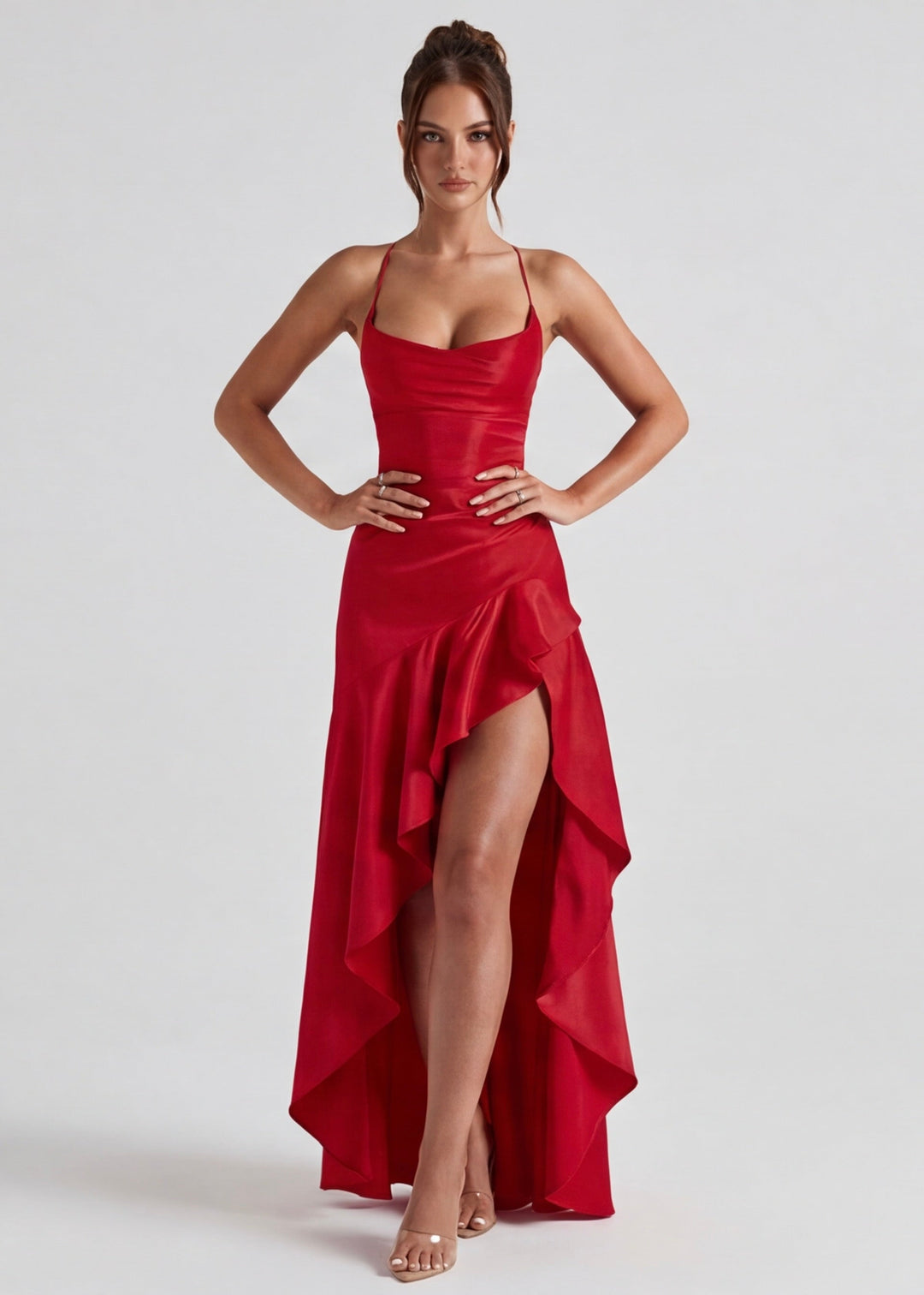 Vestido longo drapeado com fenda lateral