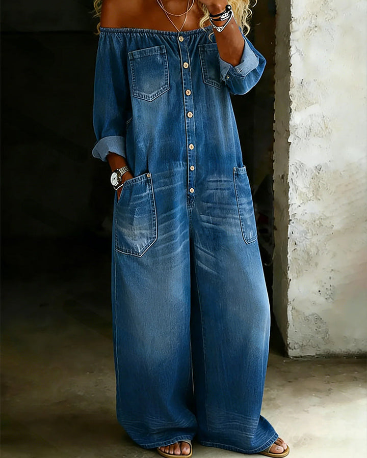 Macacão Jeans Off Shoulder com Calças Estilo Sereia
