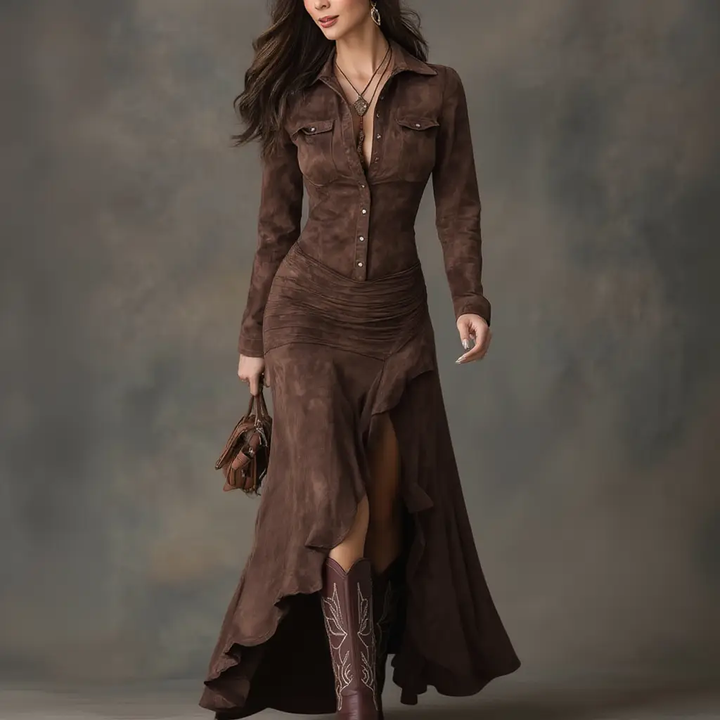 Lisette | Vestido Longo Retro em Tom Castanho com Babados