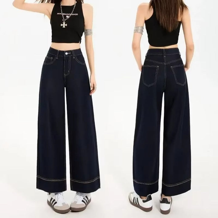 Jeans de Denim com Pernas Largas e Costura Contrastante
