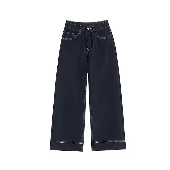 Jeans de Denim com Pernas Largas e Costura Contrastante