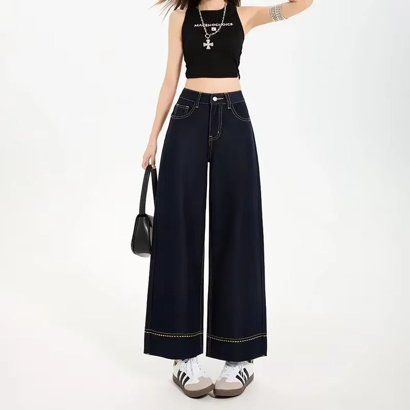Jeans de Denim com Pernas Largas e Costura Contrastante