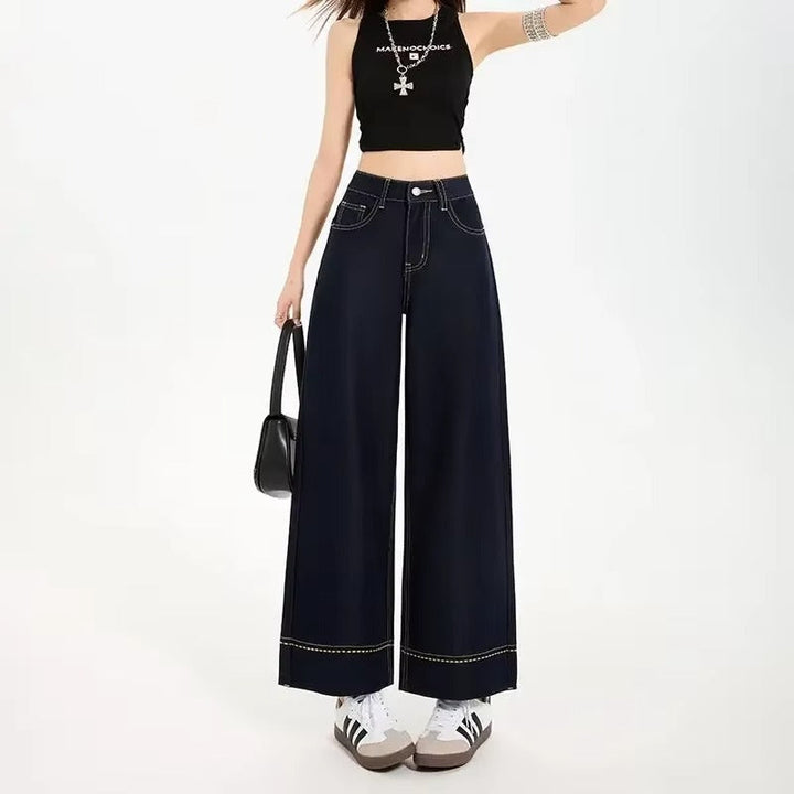 Jeans de Denim com Pernas Largas e Costura Contrastante