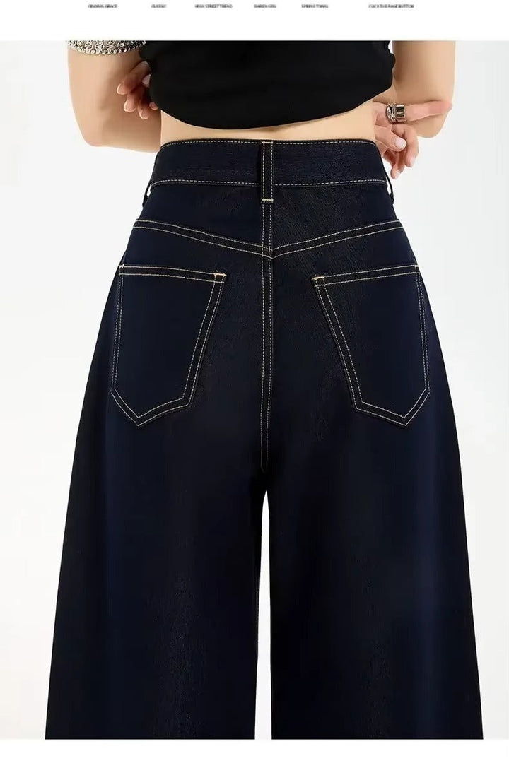 Jeans de Denim com Pernas Largas e Costura Contrastante