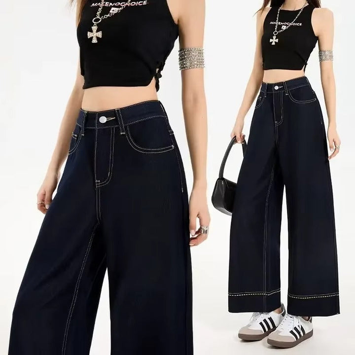 Jeans de Denim com Pernas Largas e Costura Contrastante