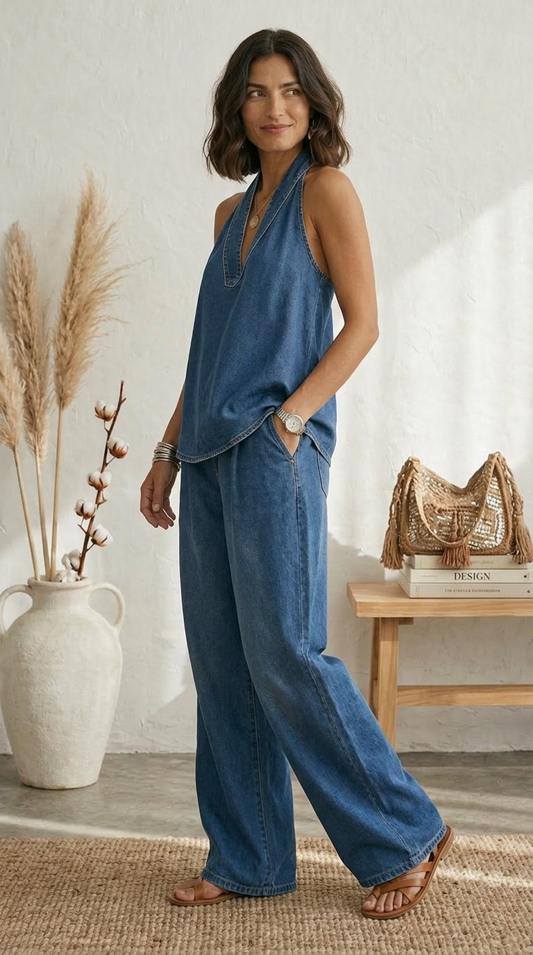 Ariadna | Summer Blue Set with Flowing Pants